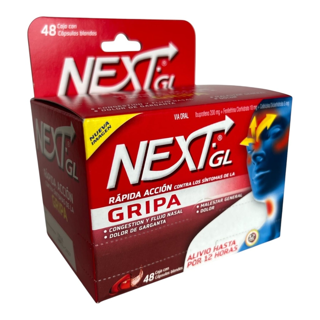 Next Gl Gripa (Ibuprofeno+Fenilefrina+Cetirizina) Caja x 48 Capsulas (Genomma)