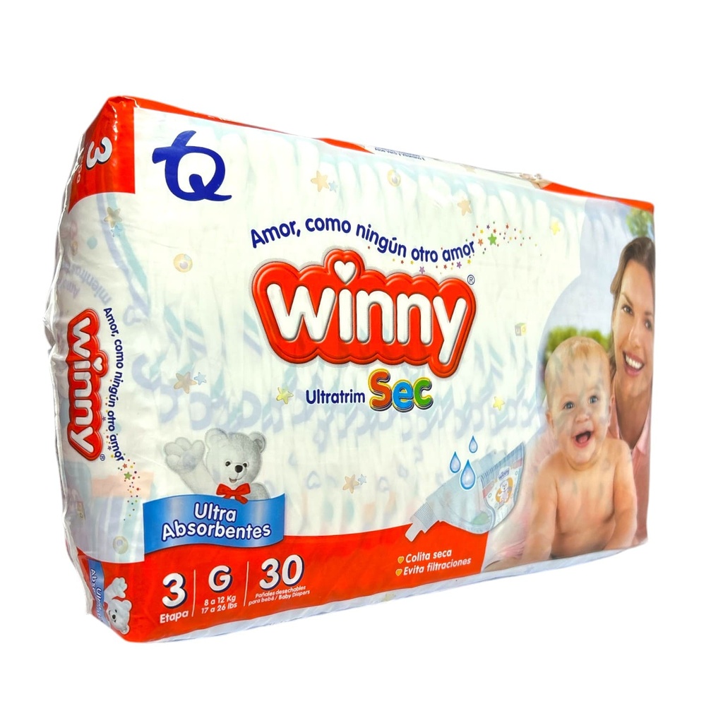 Pañal Winny Ultratrim Sec Etapa # 3 G + Toallitas x 10 Paquete x 30 unid (Tecnoquimicas)