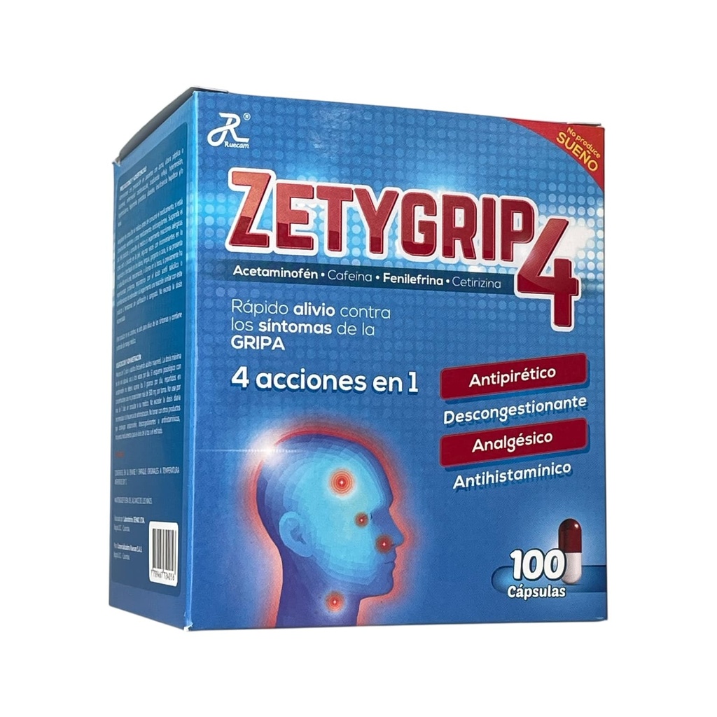 Zetygrip 4 (Acetaminofen+Cafeina+Cetirizina+Fenilefrina) Caja x 100 Capsulas (Ruecam)