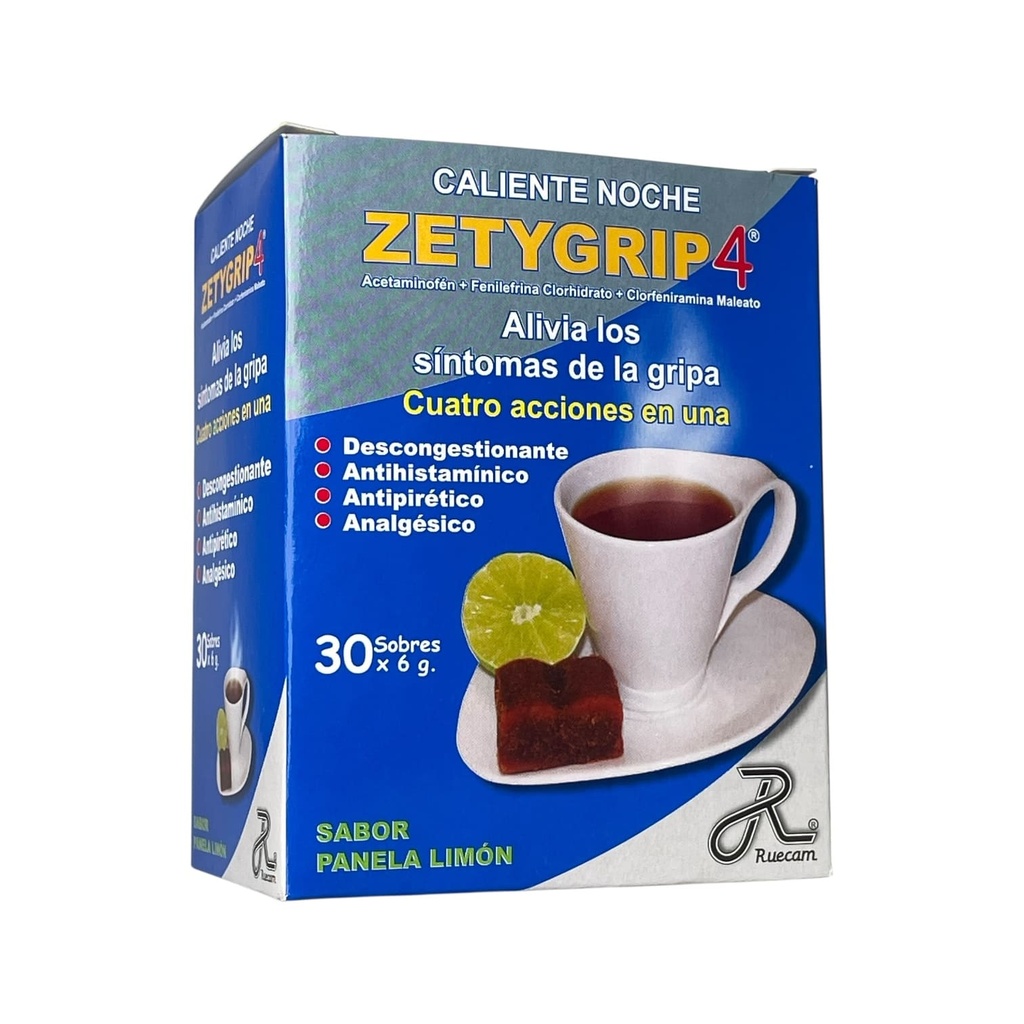 Zetygrip Caliente Noche (Acetaminofen+Cetirizina+Fenilefrina)Caja x 30 Sobres(Ruecam)