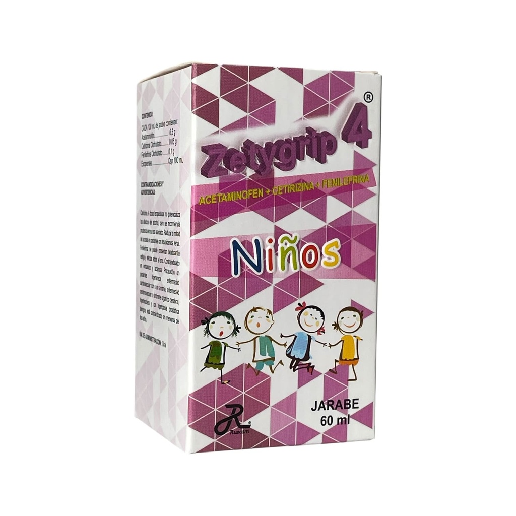 Zetygrip Niños(Acetaminofen+Cetirizina+Fenilefrina)Jarabe Frasco x 60 Ml (Ruecam)