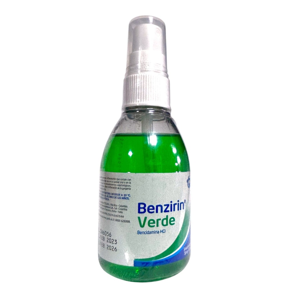 Benzirin Verde (Bencidamina) Spray Solucion Bucal C,Valvula Frasco x 120 Ml (Tecnoquimicas)