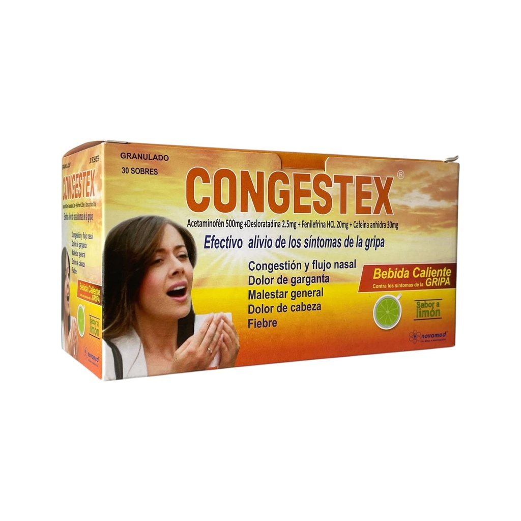Congestex Gripa Bebida Caliente (Acetam.+Deslorat.+Fenilefrina+Cafeina) Caja x 30 Sobres Und (Novamed)
